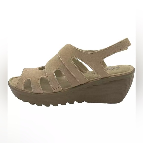 Skechers Suede Peep Toe Slingback Wedges Stylin Dark Natural sz 9 nwob - Picture 3 of 4